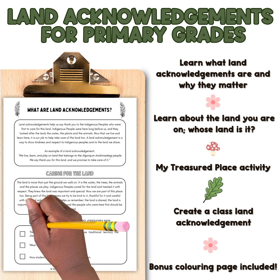 Land acknowledgement activity for elementary students with four activities and classroom bulletin board