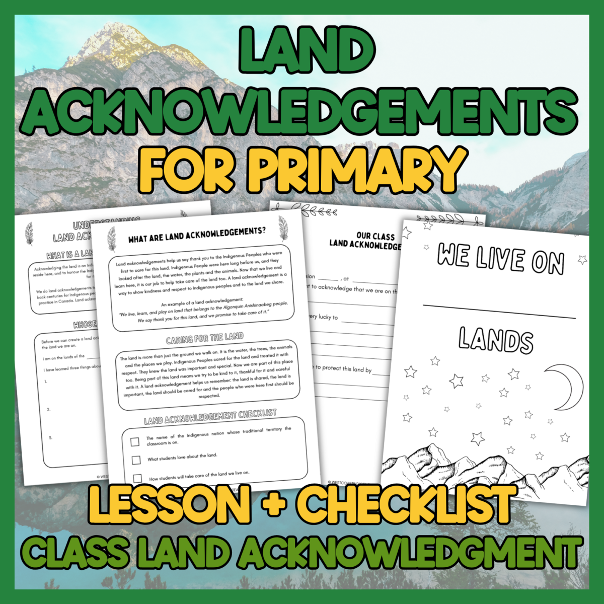 Land acknowledgement activity for elementary students with four activities and classroom bulletin board
