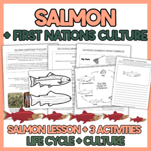Salmon life cycle activities teaching students about the Pacific salmon life cycle and its cultural importance to First Nations.