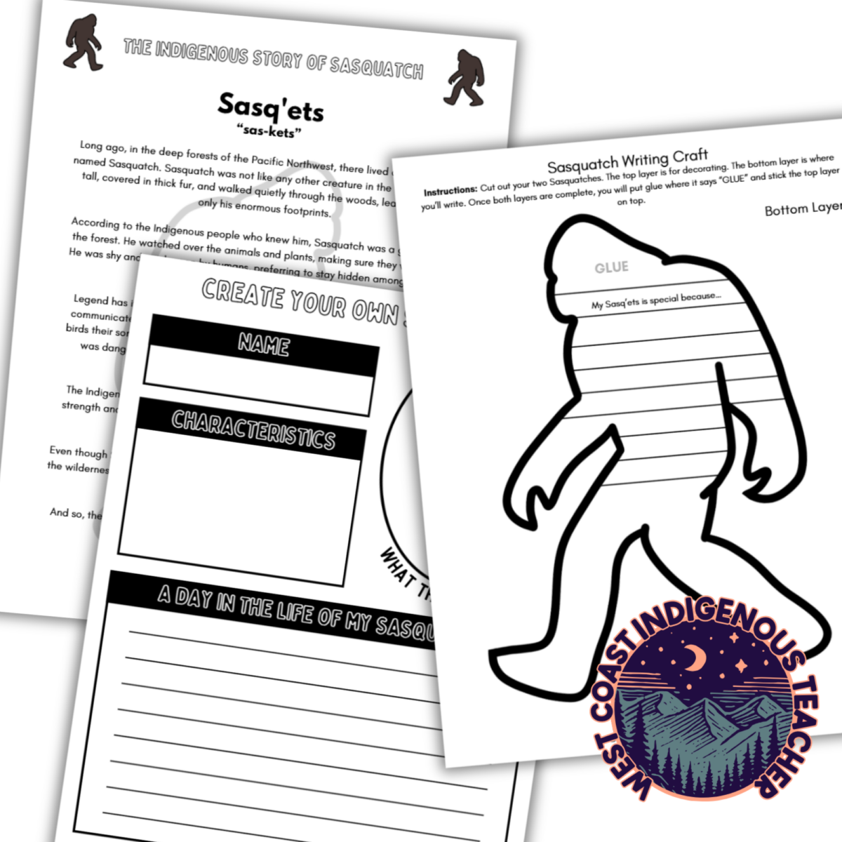 Sasquatch activities for kids with Indigenous story, writing craft and creative art activity